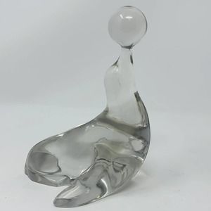 Vintage New Martinsville Clear Glass Seal Sea Lion Ball Bookend Paperweight 7.5"